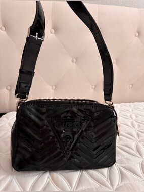 GUESS Black Patent Chevron Zip Pouch